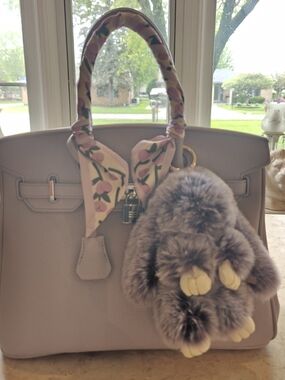Lilac Top Handle Tote with Floral Scarf and Plush Charm
